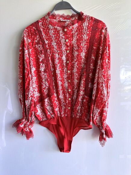 NWOT Free People x Intimately WOMEN'S BODYSUIT S, PINTUCKED LACE TRIM - Picture 1 of 13